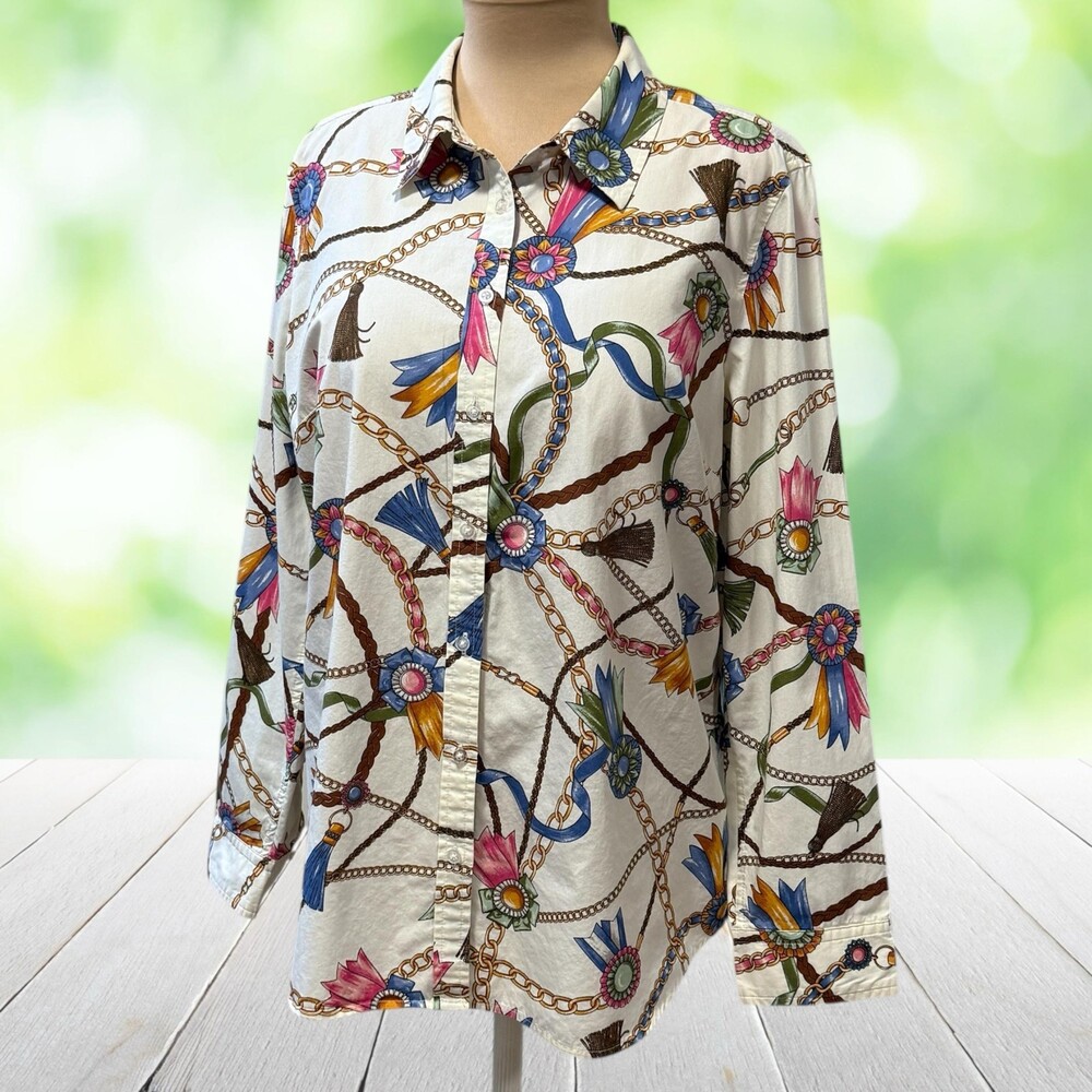 TALBOTS Equestrian Scarf Print Shirt Chain Tassel Rosette Button Front White L